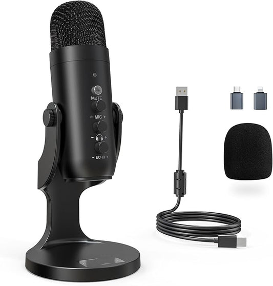 Condenser Computer PC Mic,Plug&Play Gaming Microphones for PS 4&5.Headphone Output&Volume Control,Mic Gain Control,Mute Button Vocal,YouTube Podcast on Mac&Windows(Black)