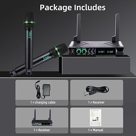 Wireless Microphone Systems, DUAL UHF Wireless Microphone Set, Karaoke Microphone Wireless, Handheld Dynamic Microphones, 200ft Cordless Microphone for Singing, Church, Party, Wedding, Speech