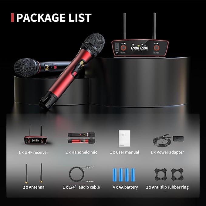 Wireless Microphone System for Karaoke Singing - Dual Wireless Mics, Handheld Dynamic Microphones, Adjustable UHF Channels, Auto Scan, 275ft Range, Microphone for Karaoke, Wedding, Church, Speech