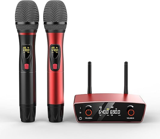 Wireless Microphone System for Karaoke Singing - Dual Wireless Mics, Handheld Dynamic Microphones, Adjustable UHF Channels, Auto Scan, 275ft Range, Microphone for Karaoke, Wedding, Church, Speech