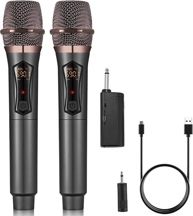 Wireless Microphones, Metal Dynamic Microphone System with Rechargeable Receiver, 50H Duration, 200ft Range, Microphone for Karaoke Singing, Wedding, DJ, Party, Speech, Church, Class