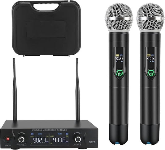 Wireless Microphone System with case, Metal UHF Dual Handheld 20 Channels Professional Cordless Mic System for Church, DJ, Karaoke,Wedding, Home KTV Set