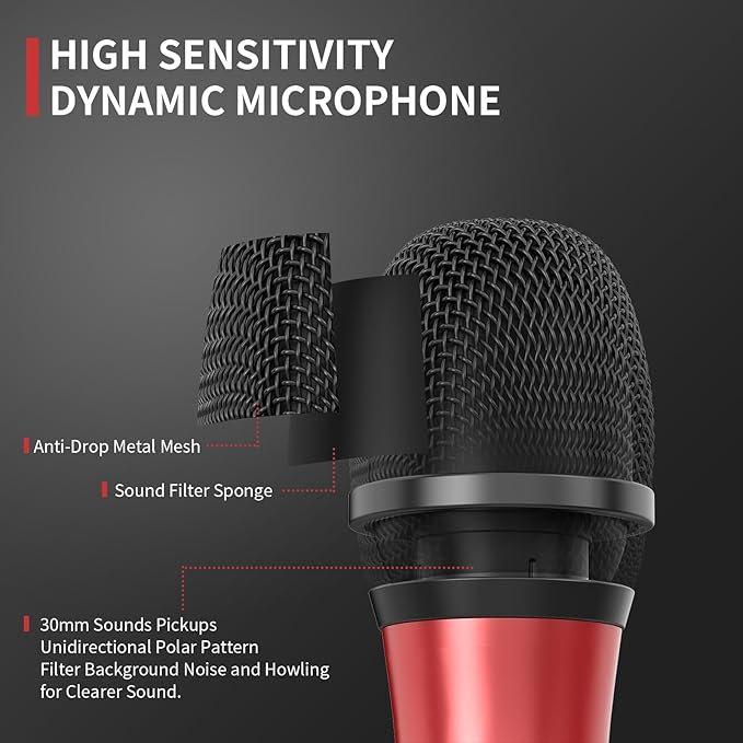 Wireless Microphone System for Karaoke Singing - Dual Wireless Mics, Handheld Dynamic Microphones, Adjustable UHF Channels, Auto Scan, 275ft Range, Microphone for Karaoke, Wedding, Church, Speech