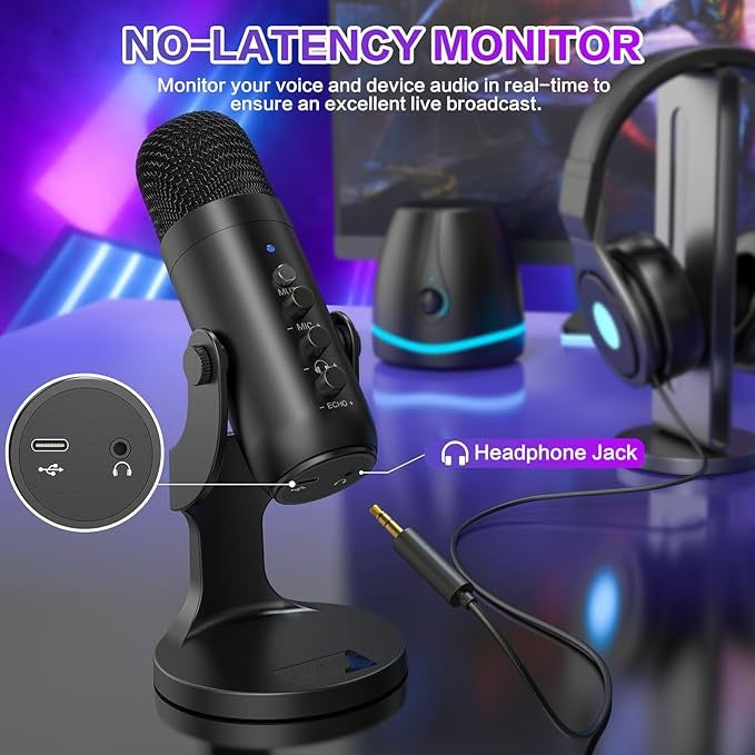 Condenser Computer PC Mic,Plug&Play Gaming Microphones for PS 4&5.Headphone Output&Volume Control,Mic Gain Control,Mute Button Vocal,YouTube Podcast on Mac&Windows(Black)