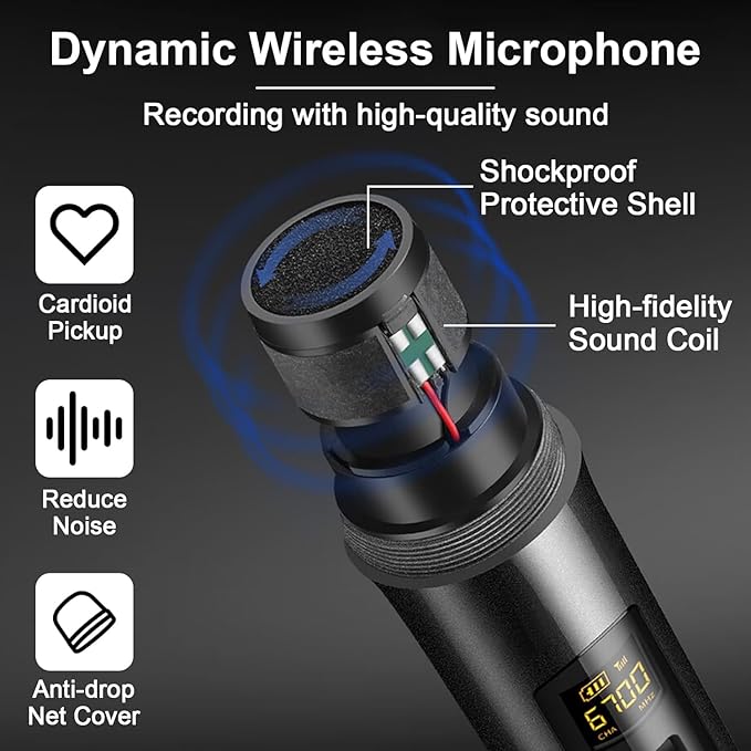 Wireless Microphones, Metal Dynamic Microphone System with Rechargeable Receiver, 50H Duration, 200ft Range, Microphone for Karaoke Singing, Wedding, DJ, Party, Speech, Church, Class