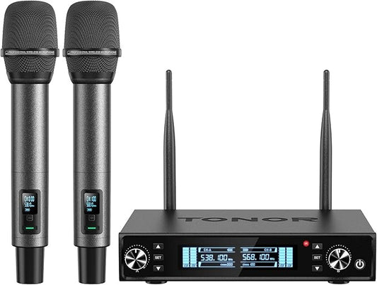 Wireless Microphone System, Auto Scan & Pair UHF Rechargeable Karaoke Mic, 2x100 Professional Dynamic Cordless Mic for Singing Church Wedding DJ with Adjustable Volume, Quick Mute 262ft