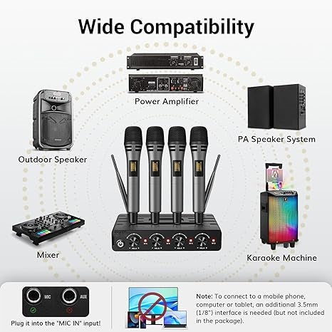 Wireless Microphones System with 4x10 Channels Cordless Handheld Microfono Inalambrico, 200FT UHF Range, Mics with Stable Signal Transmission for Karaoke Singing Party Church Wedding PA Speaker