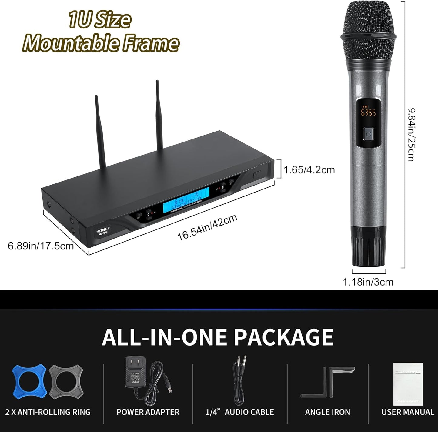 UHF Wireless Microphone System, 200 Channels Professional Dual Metal Handheld Cordless Dynamic Mics Set for Karaoke, Wedding, Church, DJ (Auto Scan & 300ft Range)