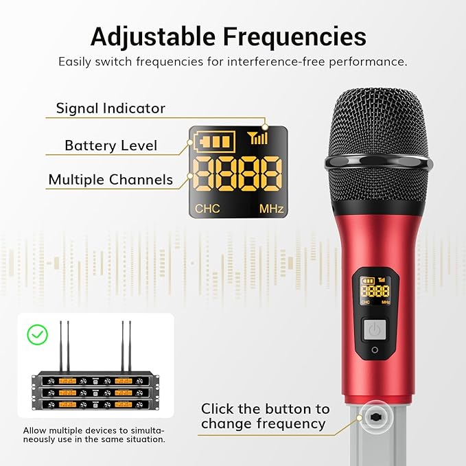 Wireless Microphones System with 4x10 Channels Dynamic Handheld Mics 4 Antennas for 295FT Long Distance Mic with Adjustable Frequencies Auto Connect for Singing Party Church Karaoke, Silver&Red