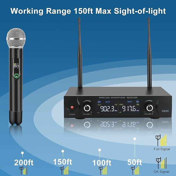 Wireless Microphone System with case, Metal UHF Dual Handheld 20 Channels Professional Cordless Mic System for Church, DJ, Karaoke,Wedding, Home KTV Set