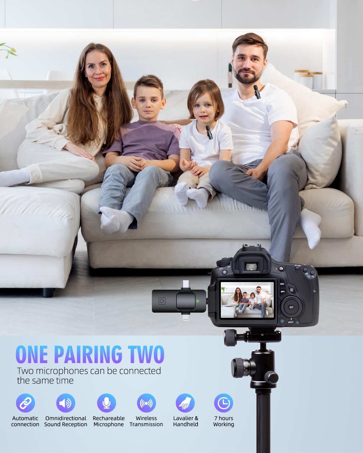 🎤 Wireless Lavalier Microphone - Dual Channel Clip-On Mic, Plug & Play, Compatible with iPhone/iPad/Android/Camera, Noise Cancellation, Ideal for Live Streaming, Vlogging, Interviews, Video Recording 🎤