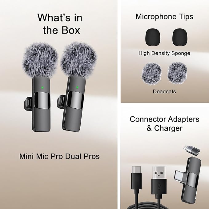 🎤 Wireless Lavalier Microphone - Dual Channel Pro Audio for iPhone/iPad/Android, Noise Reduction with Windshield, Ideal for Live Streaming, Vlog, Interviews, Video Recording 🎤