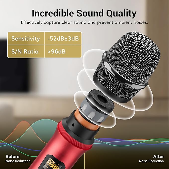 Wireless Microphones System with 4x10 Channels Dynamic Handheld Mics 4 Antennas for 295FT Long Distance Mic with Adjustable Frequencies Auto Connect for Singing Party Church Karaoke, Silver&Red