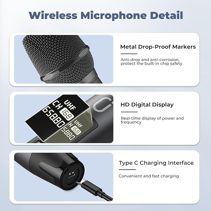 Wireless Microphones, Professional UHF Dual Microphones for Karaoke, Wireless Dynamic Microphone System Set with Rechargeable Receiver,Plug and Play,Instrument-Wireless-Microphones