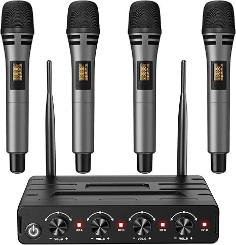 Wireless Microphones System with 4x10 Channels Cordless Handheld Microfono Inalambrico, 200FT UHF Range, Mics with Stable Signal Transmission for Karaoke Singing Party Church Wedding PA Speaker