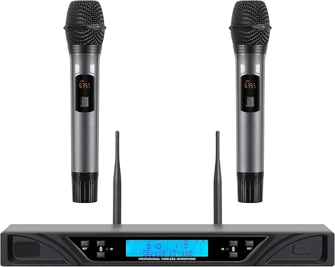 UHF Wireless Microphone System, 200 Channels Professional Dual Metal Handheld Cordless Dynamic Mics Set for Karaoke, Wedding, Church, DJ (Auto Scan & 300ft Range)