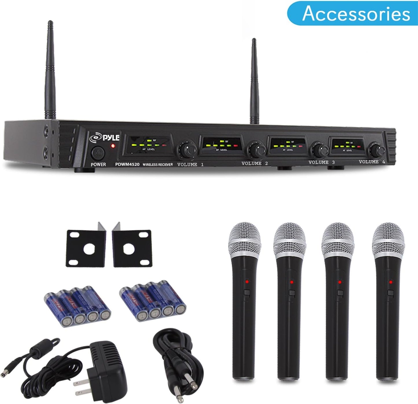 4 Channel Wireless Microphone System-Portable UHF Audio Set with XLR Jack-4 Handheld Dynamic Mic, Receiver, Dual Antenna, Power Cable Adapter-for Karaoke, PA, DJ Party Pro PDWM4520