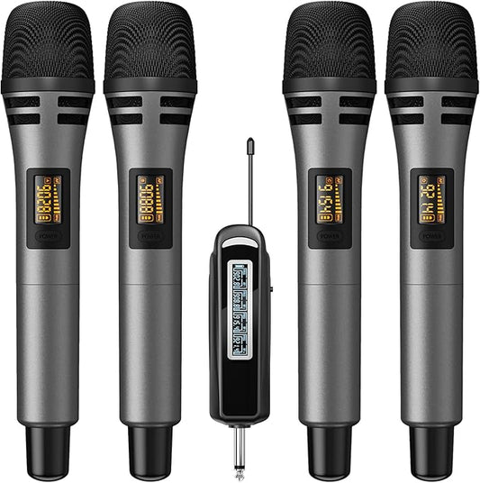 4 Wireless Microphones with Rechargeable Receiver, 4x10 Channel UHF Cordless Mics with Volume Control, Handheld Dynamic Mic System for Church Singing Karaoke Wedding, 200ft TW361