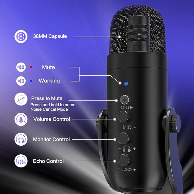 Condenser Computer PC Mic,Plug&Play Gaming Microphones for PS 4&5.Headphone Output&Volume Control,Mic Gain Control,Mute Button Vocal,YouTube Podcast on Mac&Windows(Black)