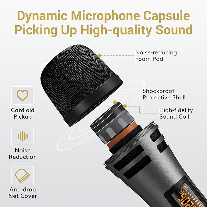 4 Wireless Microphones with Rechargeable Receiver, 4x10 Channel UHF Cordless Mics with Volume Control, Handheld Dynamic Mic System for Church Singing Karaoke Wedding, 200ft TW361