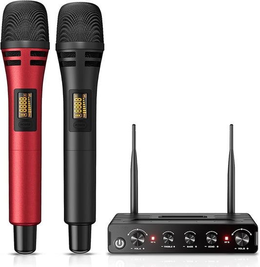 Wireless Microphone Systems, UHF Cordless Karaoke Microphones, Handheld Dynamic Mic Microfono Kit with Receiver for Karaoke, Singing, Church, Adjustable Frequencies, 200ft Range Black&Red