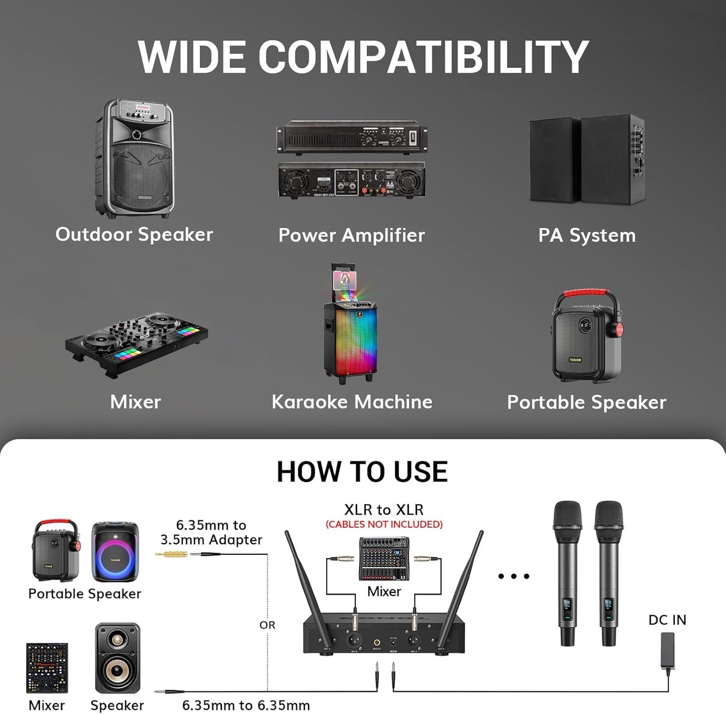 Wireless Microphone System, Auto Scan & Pair UHF Rechargeable Karaoke Mic, 2x100 Professional Dynamic Cordless Mic for Singing Church Wedding DJ with Adjustable Volume, Quick Mute 262ft