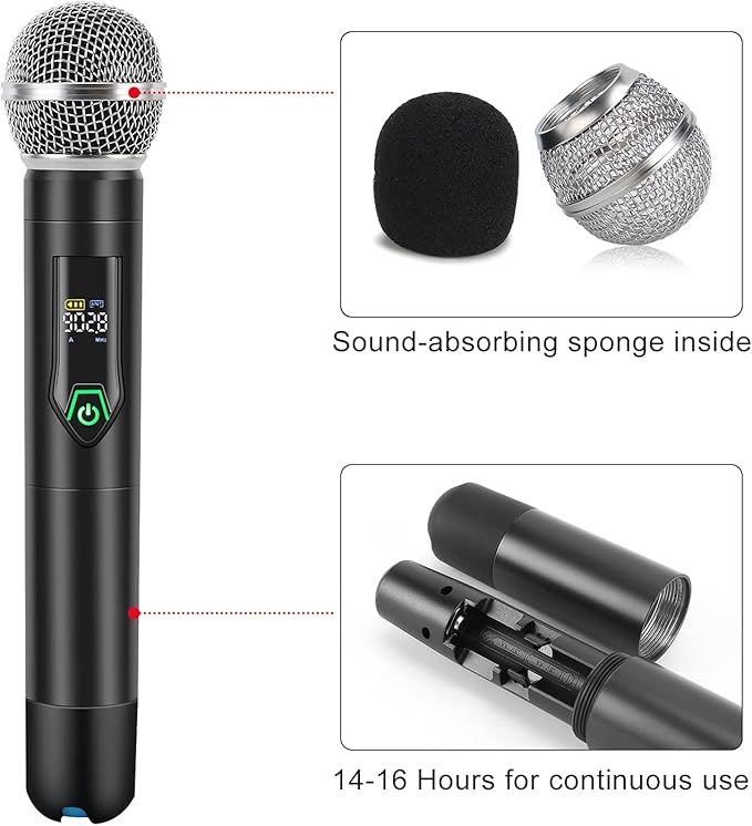 Wireless Microphone System with case, Metal UHF Dual Handheld 20 Channels Professional Cordless Mic System for Church, DJ, Karaoke,Wedding, Home KTV Set