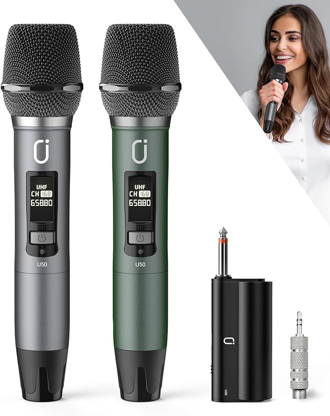 Wireless Microphones, Professional UHF Dual Microphones for Karaoke, Wireless Dynamic Microphone System Set with Rechargeable Receiver,Plug and Play,Instrument-Wireless-Microphones