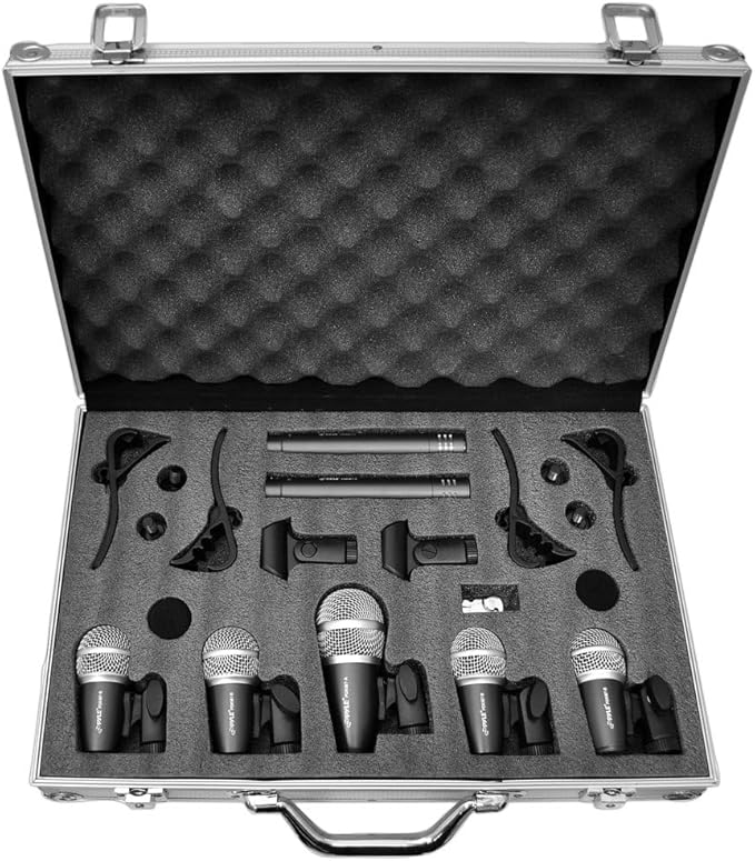 7-Piece Wired Dynamic Kit-Kick Bass, Tom/Snare & Cymbals Microphone Set-for Drums, Vocal, & Other Instrument-Complete with Thread Clip, Inserts, Mics Holder & Case, Black