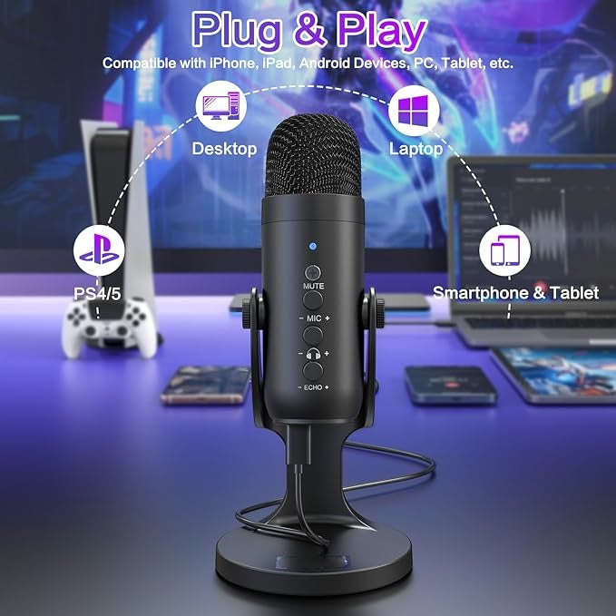 Condenser Computer PC Mic,Plug&Play Gaming Microphones for PS 4&5.Headphone Output&Volume Control,Mic Gain Control,Mute Button Vocal,YouTube Podcast on Mac&Windows(Black)