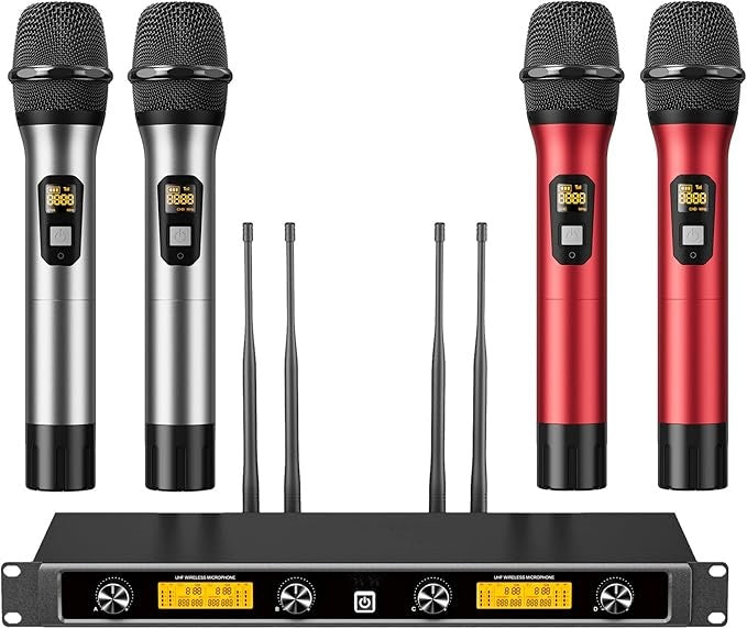 Wireless Microphones System with 4x10 Channels Dynamic Handheld Mics 4 Antennas for 295FT Long Distance Mic with Adjustable Frequencies Auto Connect for Singing Party Church Karaoke, Silver&Red