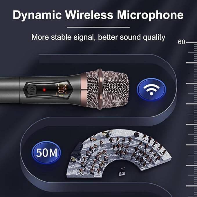 Wireless Microphones, Metal Dynamic Microphone System with Rechargeable Receiver, 50H Duration, 200ft Range, Microphone for Karaoke Singing, Wedding, DJ, Party, Speech, Church, Class