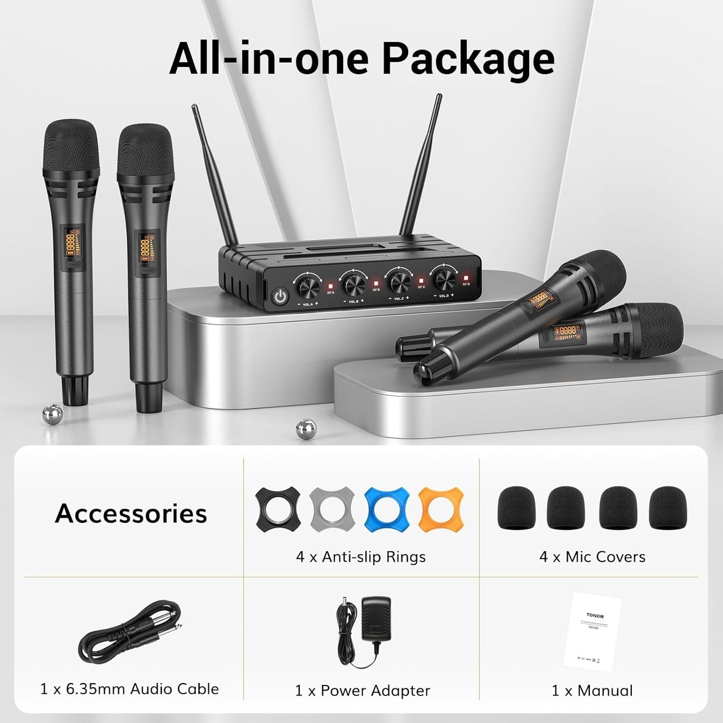 Wireless Microphones System with 4x10 Channels Cordless Handheld Microfono Inalambrico, 200FT UHF Range, Mics with Stable Signal Transmission for Karaoke Singing Party Church Wedding PA Speaker