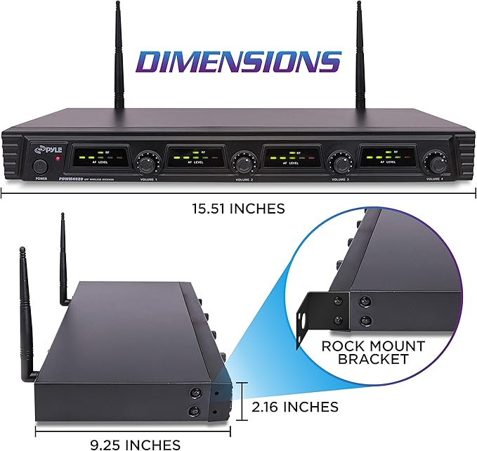 4 Channel Wireless Microphone System-Portable UHF Audio Set with XLR Jack-4 Handheld Dynamic Mic, Receiver, Dual Antenna, Power Cable Adapter-for Karaoke, PA, DJ Party Pro PDWM4520