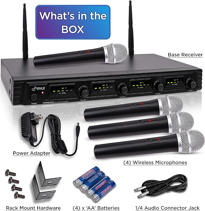 4 Channel Wireless Microphone System-Portable UHF Audio Set with XLR Jack-4 Handheld Dynamic Mic, Receiver, Dual Antenna, Power Cable Adapter-for Karaoke, PA, DJ Party Pro PDWM4520