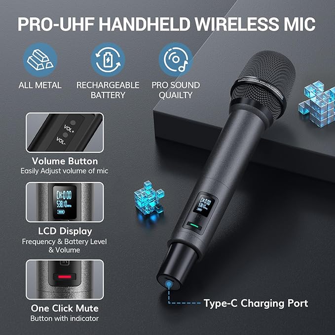 Wireless Microphone System, Auto Scan & Pair UHF Rechargeable Karaoke Mic, 2x100 Professional Dynamic Cordless Mic for Singing Church Wedding DJ with Adjustable Volume, Quick Mute 262ft