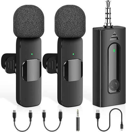 4 in 1 Professional Wireless Lavalier Microphone - 2 Pack Mini Microphone for iPhone Android Camera, Noise Reduction Lapel Mic Ultra Low Delay for Video Recording