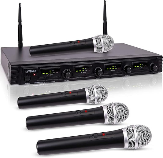 4 Channel Wireless Microphone System-Portable UHF Audio Set with XLR Jack-4 Handheld Dynamic Mic, Receiver, Dual Antenna, Power Cable Adapter-for Karaoke, PA, DJ Party Pro PDWM4520