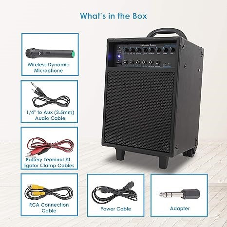 Wireless Portable PA System-400W Bluetooth Compatible Rechargeable Battery Powered Outdoor Sound Stereo Speaker Microphone Set w/Handle, Wheels-1/4 to AUX, RCA Cable