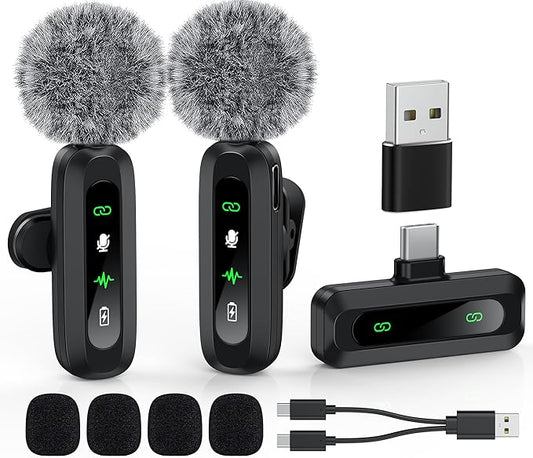 Microphone Wireless Mini Mic for Type-C Android Phone/Tablet/PC Video Recording Clip-on Mics with Rotatable Clip&Denoise Recording, Ideal for Vlog Tiktok Youtube Podcast Content Creator