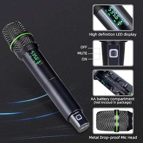 Wireless Microphone Systems, DUAL UHF Wireless Microphone Set, Karaoke Microphone Wireless, Handheld Dynamic Microphones, 200ft Cordless Microphone for Singing, Church, Party, Wedding, Speech